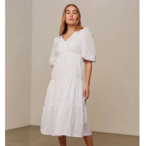 Hudson North Striped Prairie Picnic Puff Sleeve Tiered Midi Dress  Cotton Sz L